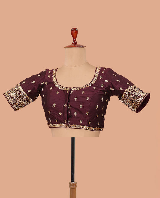 Maroon intricate motifs thread embroidered front-back round neck elbow sleeve blouse