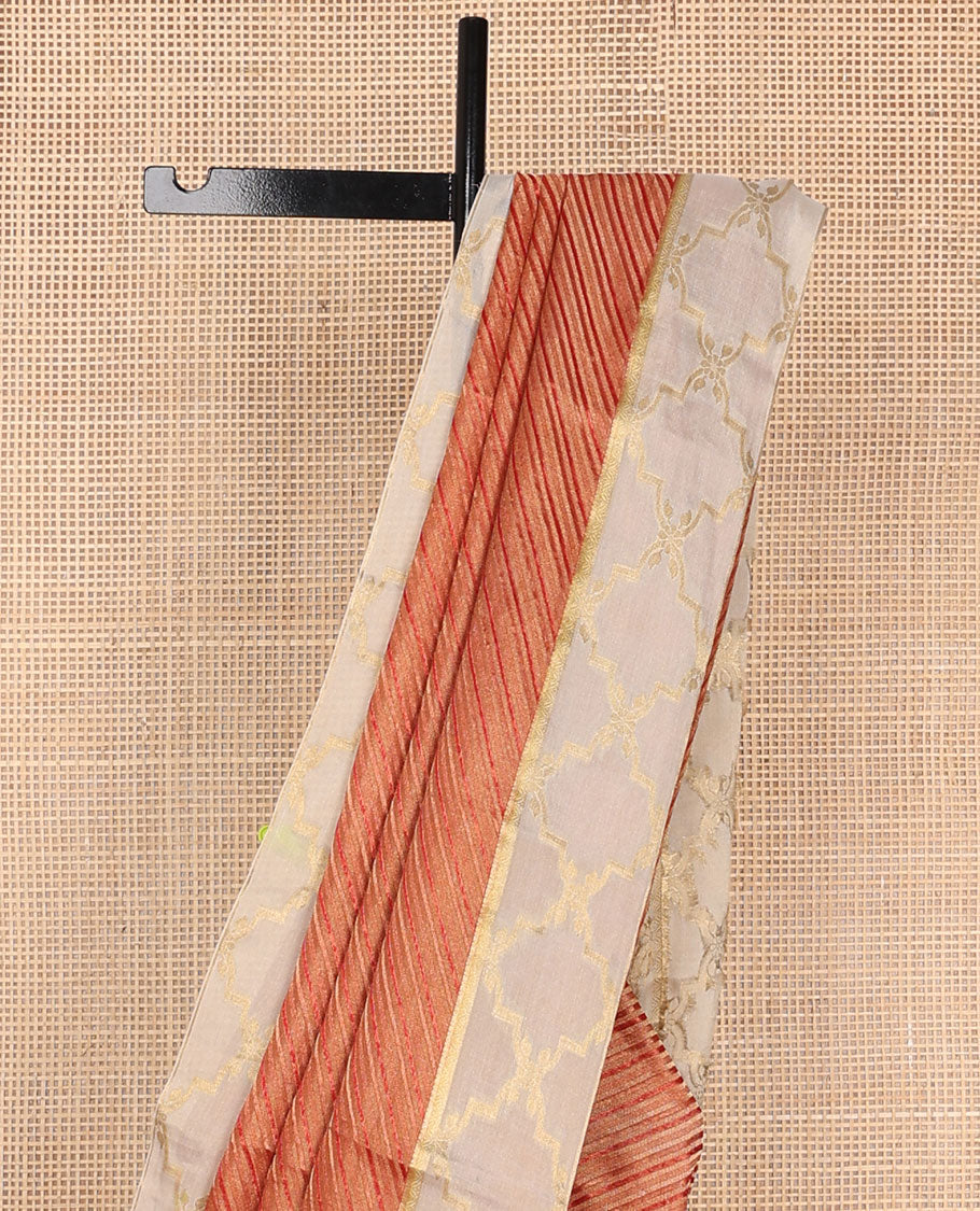 Red striped mysore silk saree with contrast zari design border & floral jaal pallu