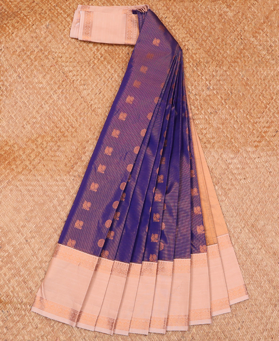 Blue Budget Silk Saree Gleamed Up with Peacock Chakram Buttas, Complemented by a Contrast Traditional Zari Motif Rettai Pettu Border, Adorned with Zari Woven Pallu, and Paired with a Contrast Blouse