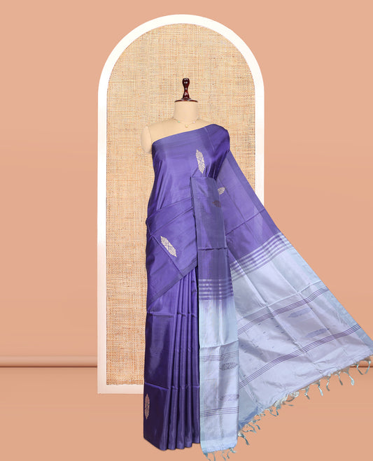 Borderless Blue Banana Pith Saree, Woven with Buttas, a Contrast Pallu of Stripes and Buttas, and a Contrast Blouse