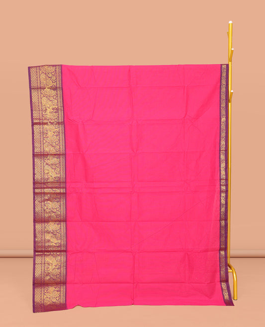 Pink Plain Chettinad Cotton Saree, Complemented by a Contrast Traditional Zari Design Border of Peacocks, Gleaming Zari Striped Pallu, and Paired with a Matching Blouse