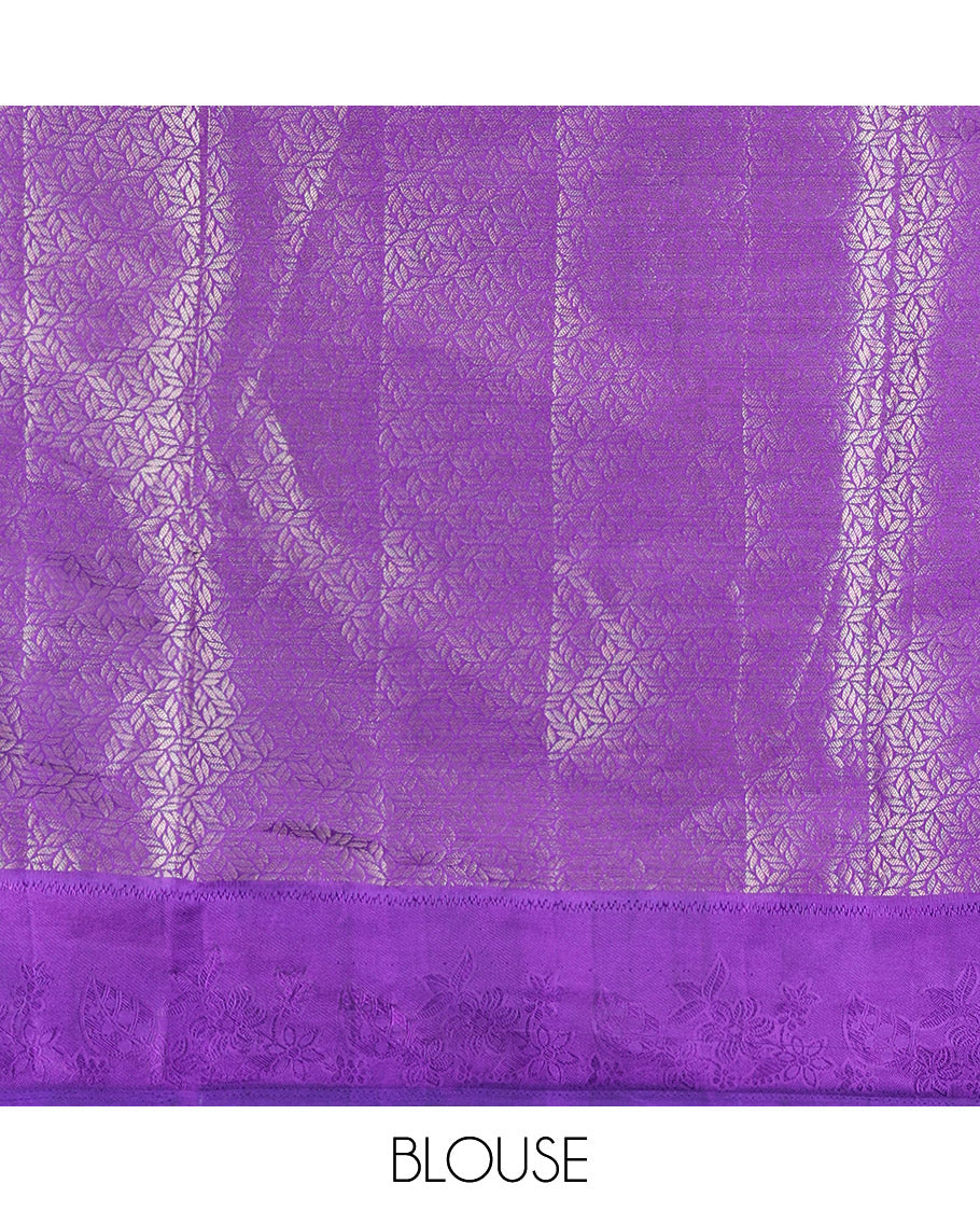 Violet Semi-Tussar Saree, Detailed with Floral Jacquard Design, an Embossed Border, a Floral Pallu, and a Matching Blouse
