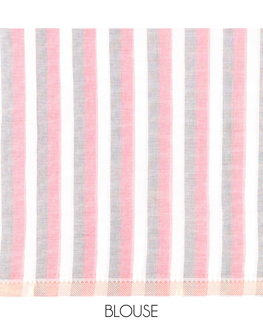 White Plain  Andhra Cotton Saree, Highlighted by a Temple Zari Border, Contrast Striped Pallu, and a Contrast Blouse