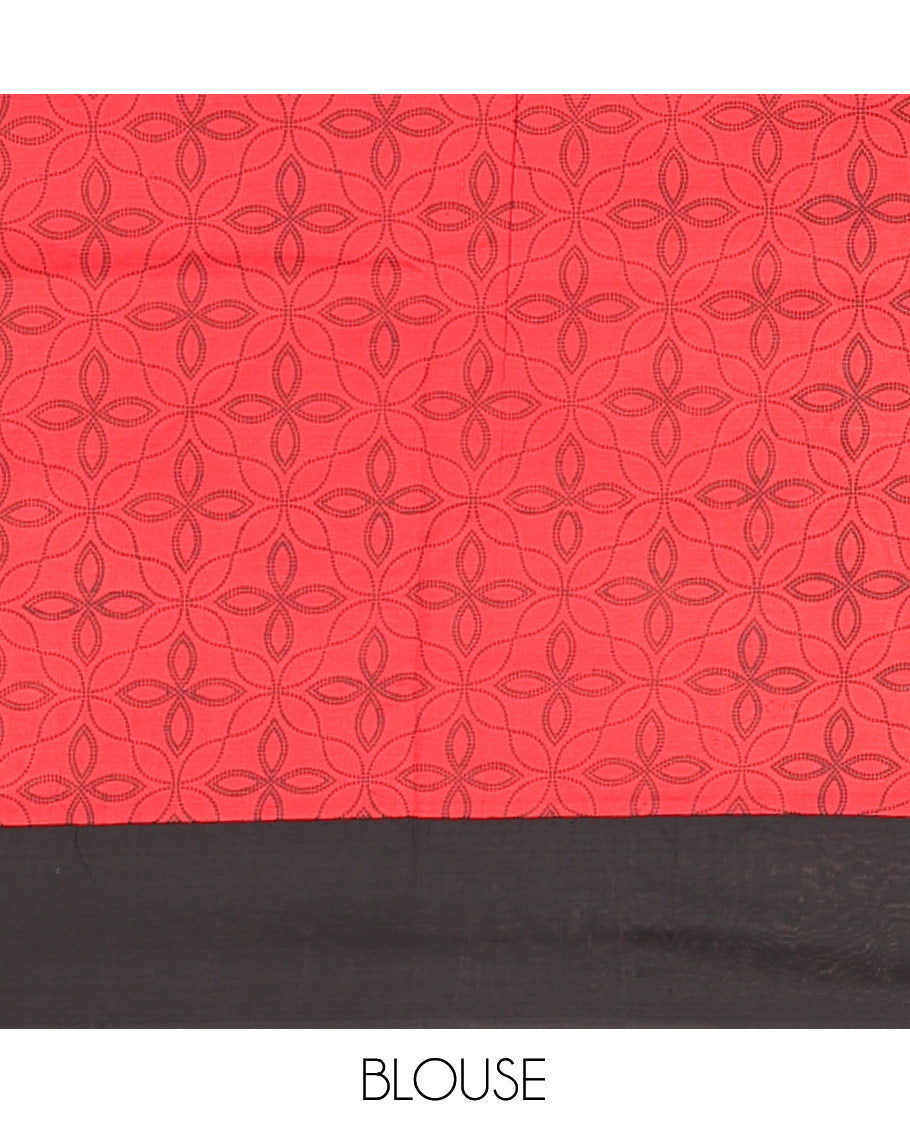Black Plain Poly Cotton Saree, Complemented by a Contrast Jaal-Printed Border, Pallu, and a Contrast Blouse