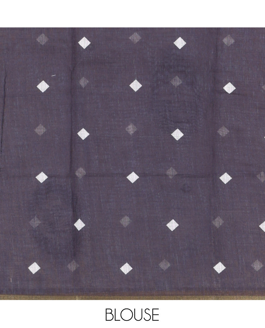 Borderless Cream Linen Cotton Saree, Adorned with Face Print, Contrast Pallu of Chevron Stripes and Face Print, a Contrast Blouse