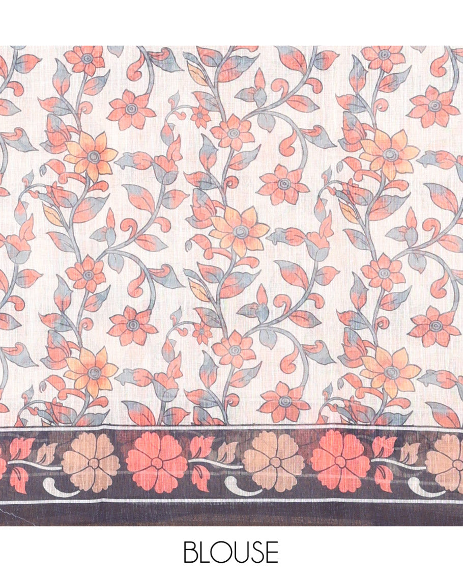 Cream Linen Cotton Saree, Adorned with Shibori Print, a Zari Piping Border, Floral-Peacock Motif Printed Pallu, and Matching Blouse