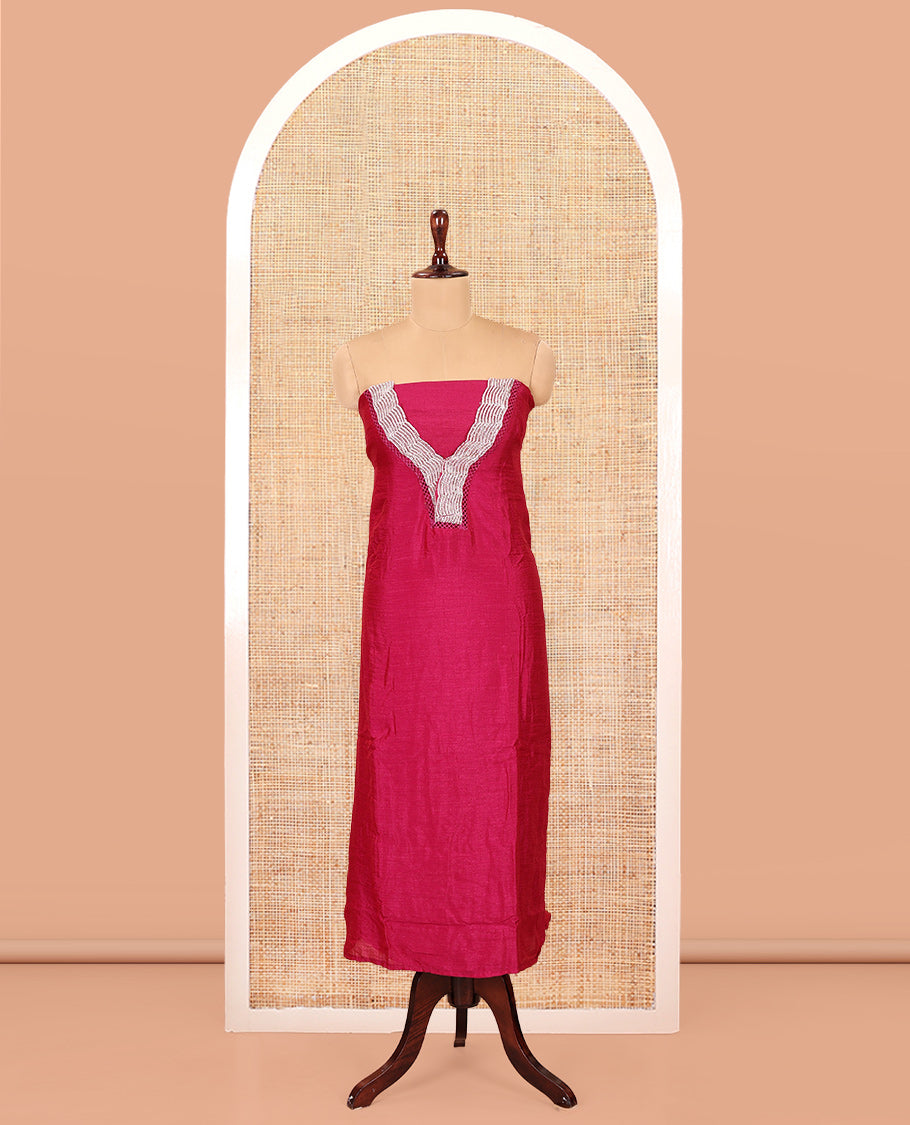 Magenta Vichitra Silk Material Chudidar Features a V-Neck Thread-Sequined Top, a Plain Bottom, Matching Thread-Sequined Dupatta
