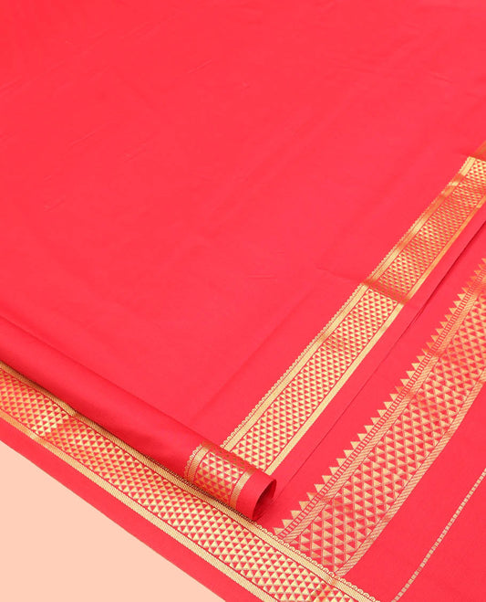 Red Plain Nine Yard Cotton Saree, Highlighted by Traditional Zari Border of Ara Maadam Designs, Pallu of Ara Maadam Designs, and Comes Without a Blouse