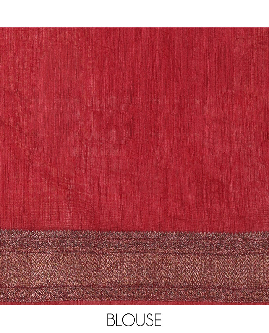 Mustard Plain Jute Linen Saree, Complemented with a Contrast Border of Geometric Patterned in Antique Zari, Zari Striped Pallu, and a Contrast Blouse