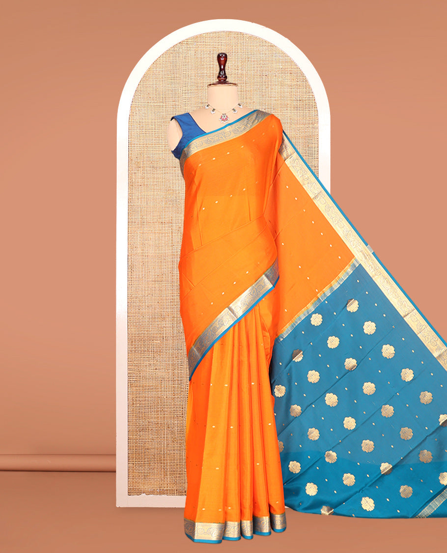 Orange Zari Buttas Mysore Silk Saree, Complemented by a Contrast Traditional Zari Border, Zari Design Pallu, and a Contrast Blouse