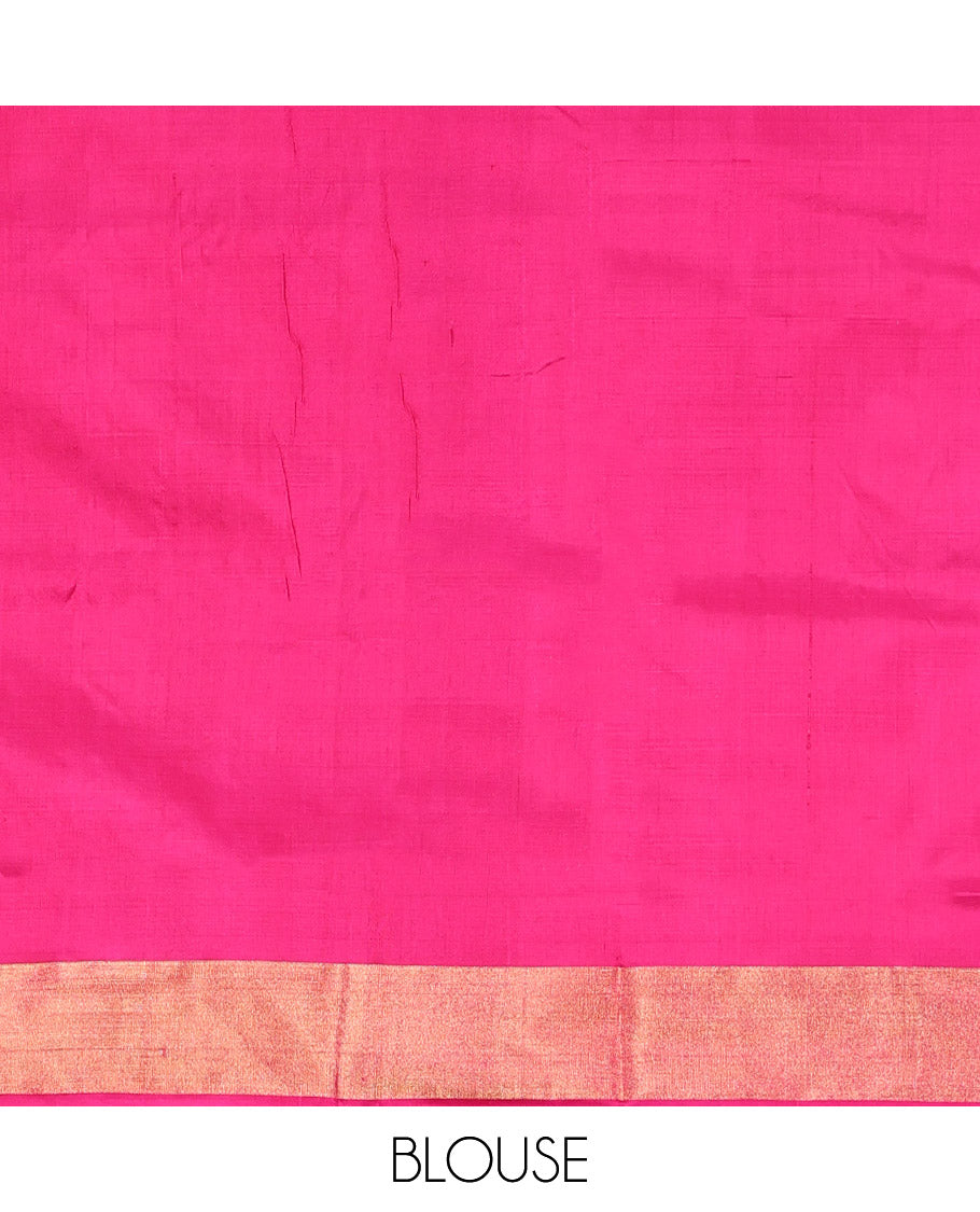 Royal Blue Pochampally Ikat Silk Saree, Adorned with Ikkat Buttas on Its Body, Complemented by a Contrast Ikkat-Style Woven Border, Pallu of Butta Enclosed Jaal Design, and Paired with a Contrast Blouse