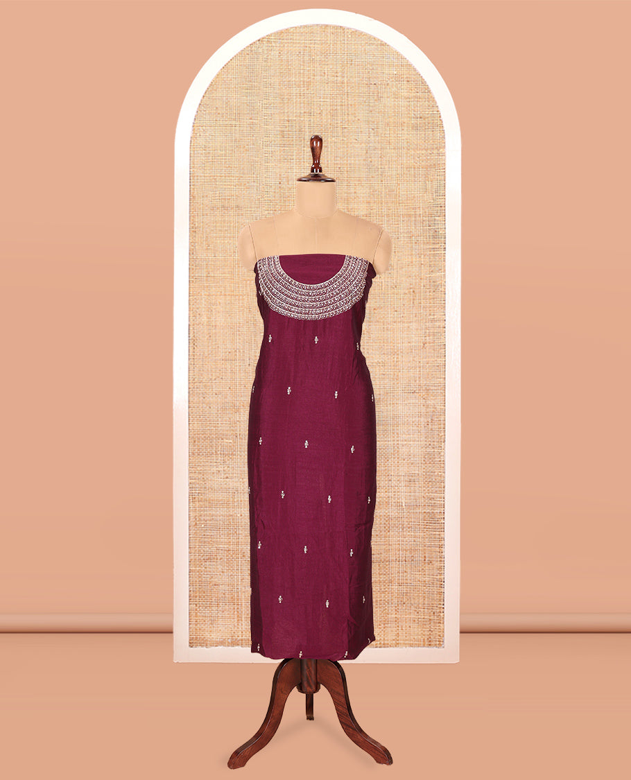 Wine Vichitra Silk Material Chudiddar, Embroidered Top, Plain Bottom, Scallop Embroidered Dupatta
