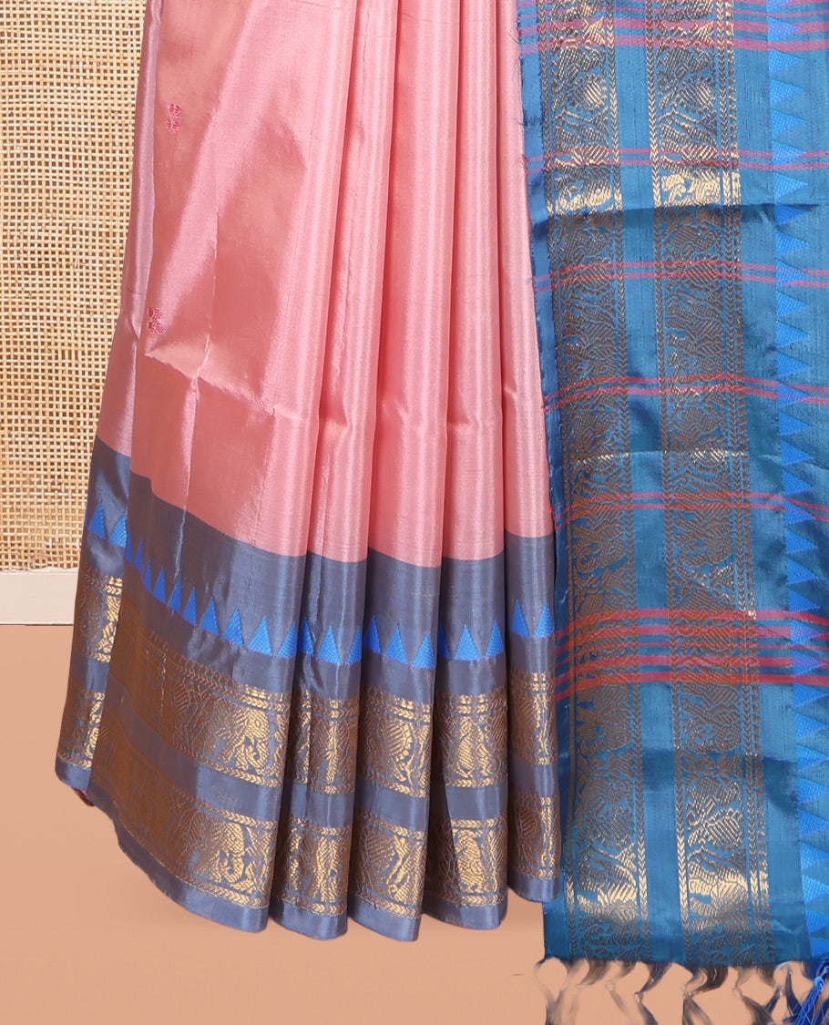 Pink Banana Pith Saree, Woven with Buttas, Complemented by a Contrast Traditional Rettai Pettu Border, Pallu of Stripes, and a Contrast Blouse