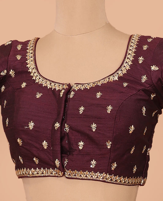 Maroon intricate motifs thread embroidered front-back round neck elbow sleeve blouse