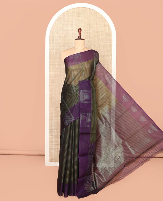 Green Silk Cotton Saree, Embellished with Stripes and Checks, Complemented by a Contrast Temple Border, Intricately Designed Pallu, and a Contrast Blouse