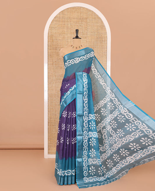 Lavender flower motifs batik printed linen cotton saree, contrast batik printed with zari woven border, batik printed pallu, and a contrast printed blouse