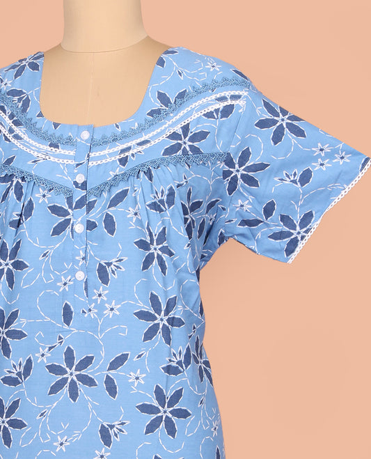 Blue Cotton Nighty Adorned with Floral Print, Featuring Lace Work, Round Front Neck, and Half  Sleeves