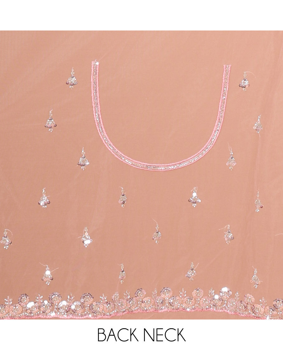 Pink Net Saree, Prettified with Ogee Sequins Embroidery, a Scalloped Border, and Contrast Embroidered Blouse