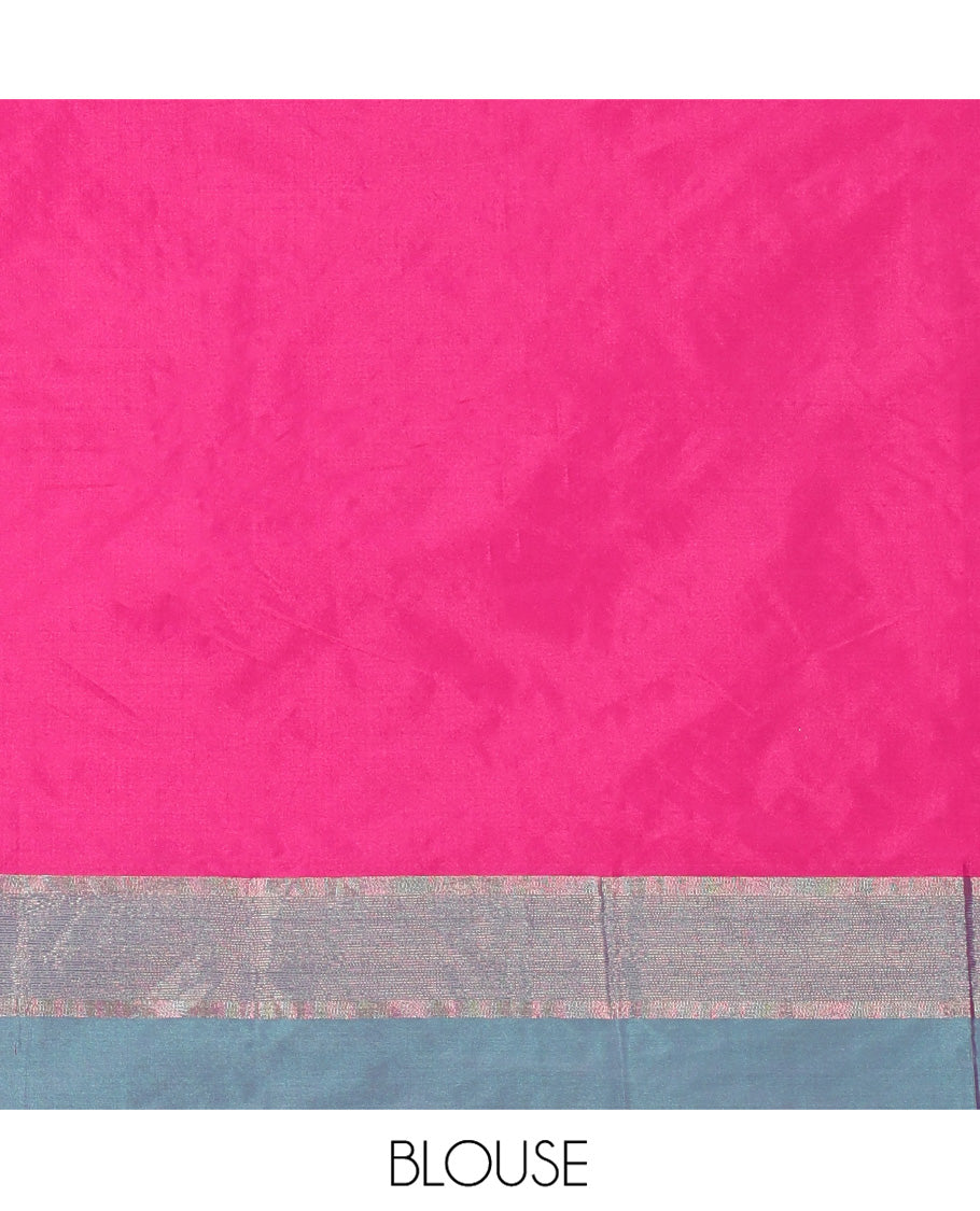 Rani Pink Plain Semi-Soft Silk Saree, Complemented by a Contrast Silver Zari Striped Border, Sparsely Striped Pallu, and Paired with a Matching Blouse