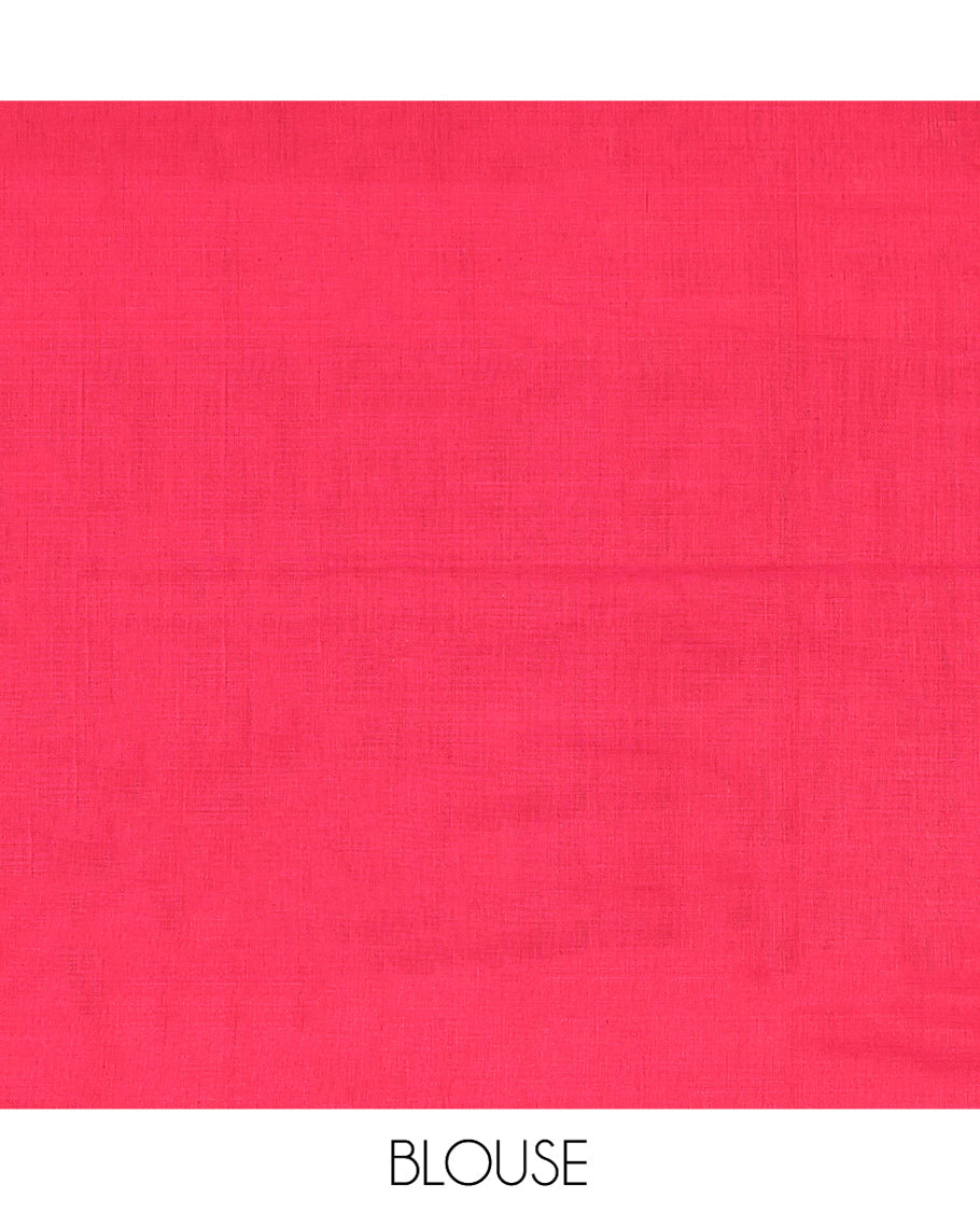 Black Ikkat Cotton Saree, Ornamented with Ikkat-style Buttas All Over Its Body, Complemented by a Contrast Temple Border, Pallu of Geometric Patterns, and Paired with a Contrast Blouse