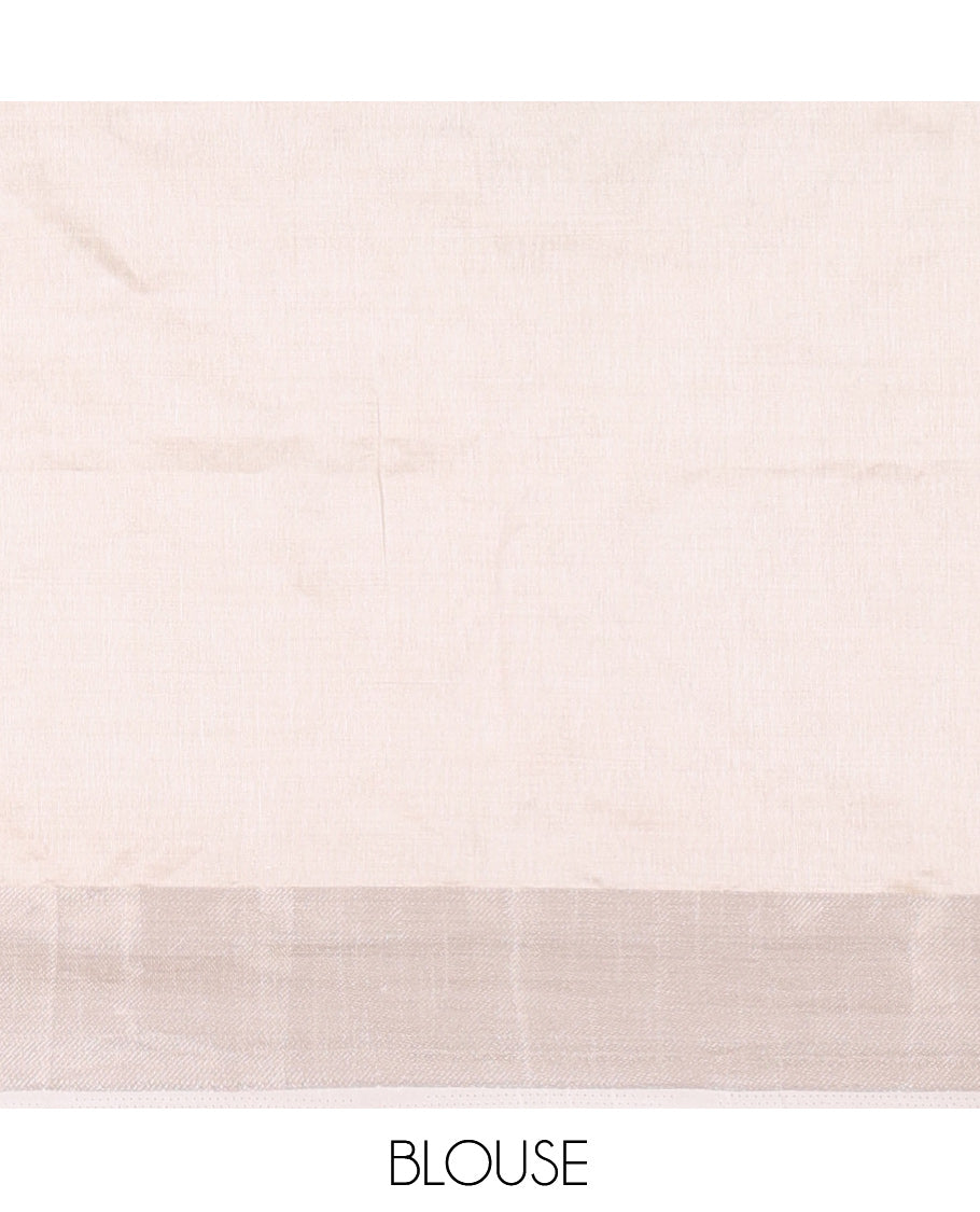 Cream Floral Embroidered Semi-Tussar Saree, a Zari Border, Striped Pallu, Matching Blouse