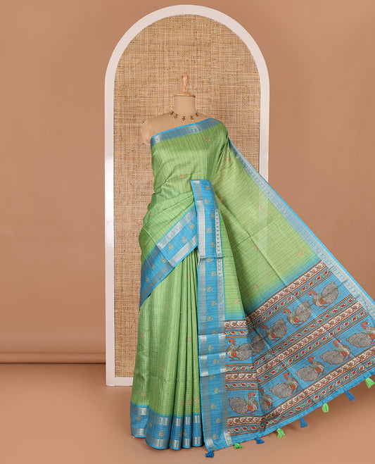 Parrot green micro-checked and swan motifs katan silk saree, contrast traditional zari border of swan motifs, printed pallu, and contrast buttas blouse
