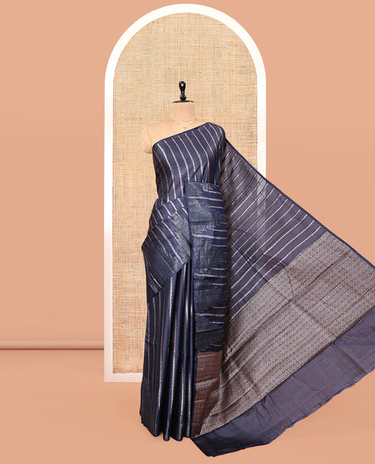 Blue Tussar Silk Saree, Majestically Detailed with Zari Stripes and Temple Design, Grand Jaal Pallu, and a Matching Blouse