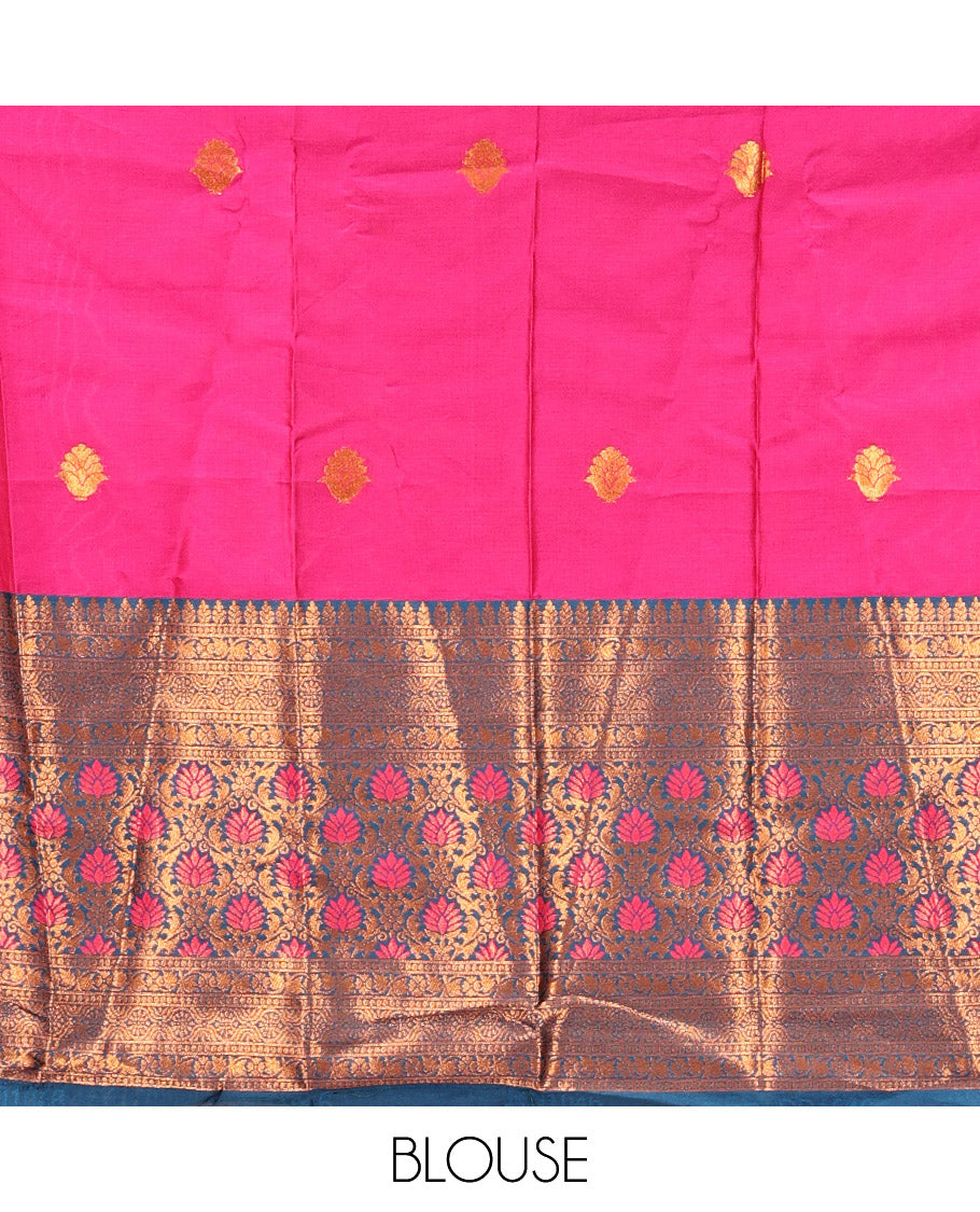 Pink Art Silk Half Saree Features Buttas Skirt, Complemented by Contrast Traditional Border, Matching Blouse, and a Plain Zari-Bordered Dhavani