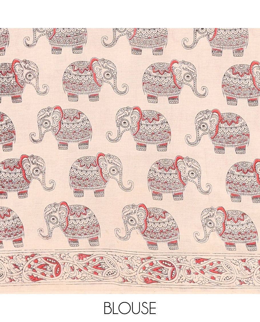 Borderless Sandal Kalamkari Cotton Saree, Decorated with Elephant Motifs Print, Self-Pallu of Peacock Motifs, and a Matching Blouse