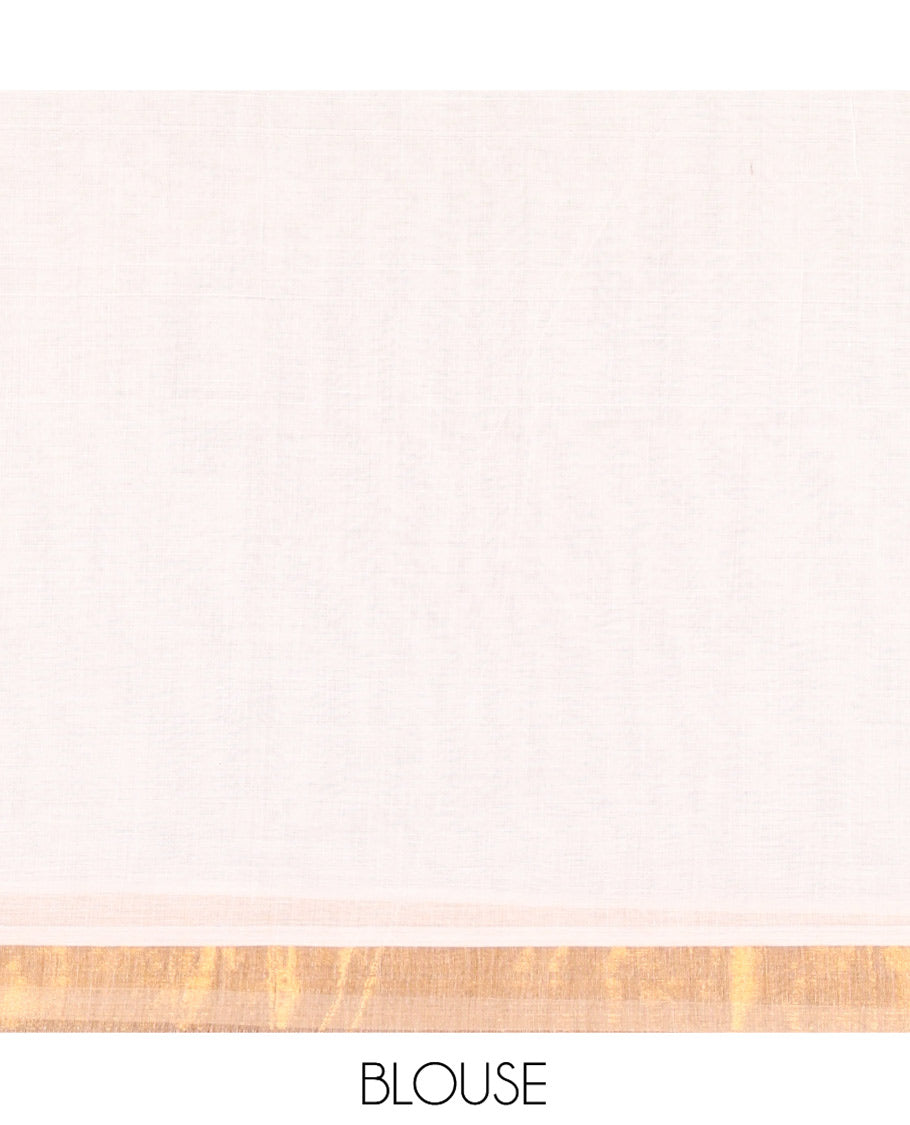 Cream-Red Kerala Cotton Saree, Elevated with Figurine Patch Applique Embroidery, a Contrast Temple Border, and Matching Blouse