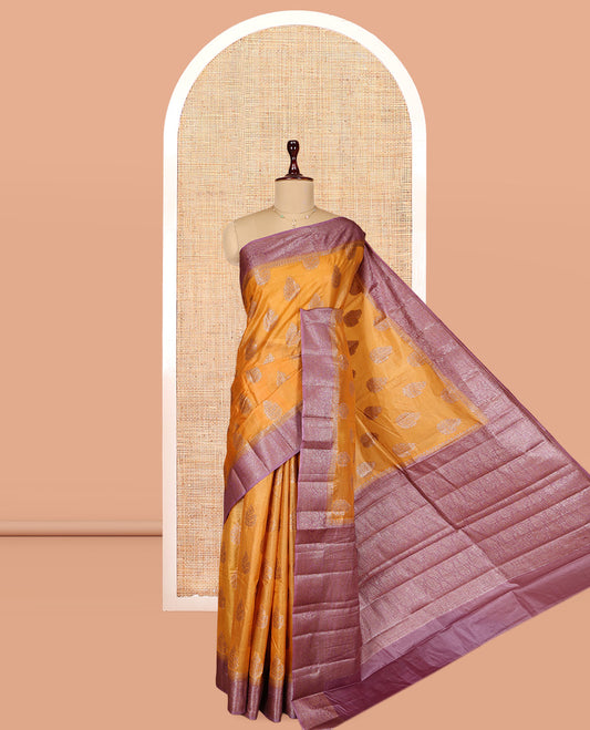 Yellow Tusser Silk Saree, Detailed with Zari Buttas, a Contrast Floral Creeper Zari Border, Grand Pallu, and a Contrast Blouse