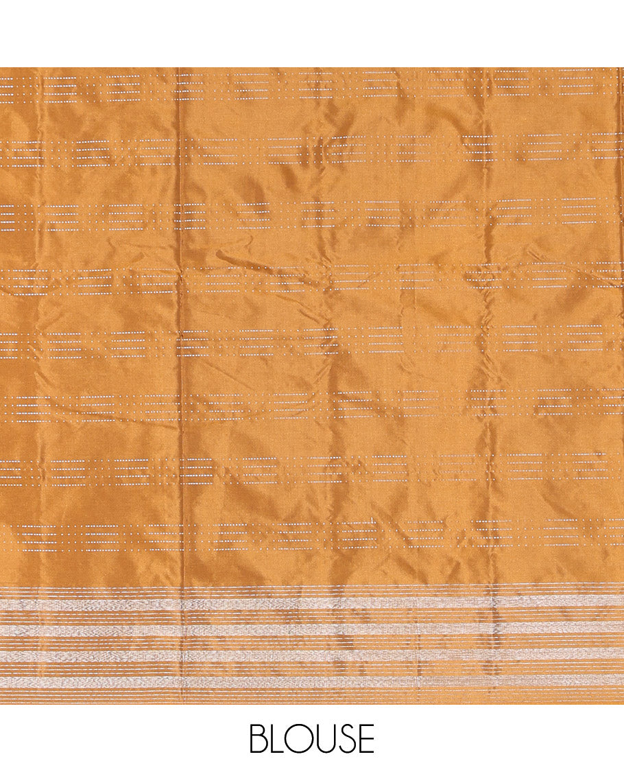 Mustard Aarani Gift Saree, Steeped with Buttas All Over Its Body, Subtly Striped Border, Pallu of Stripes, and Paired with a Matching Blouse