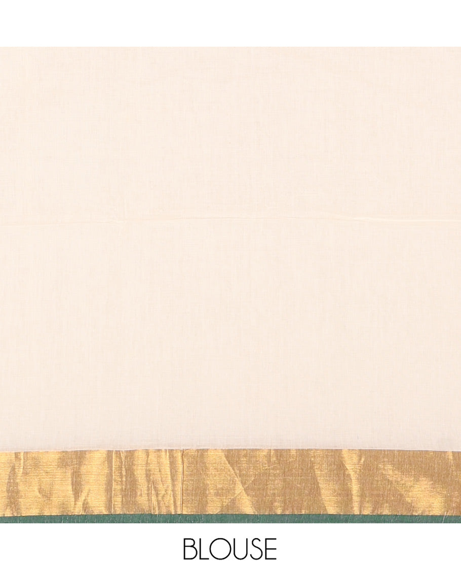 Cream Khadi Mul Cotton Saree, Gleamed Up with Sequined Work, Contrast Gold Zari Border, a Self-Pallu, and a Matching Blouse