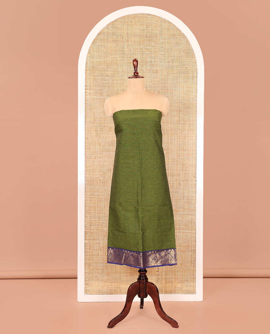 Green Handloom Cotton Material Chudidar, Plain and Contrast Traditional Zari-Bordered Top, a Contrast Plain Bottom, and Contrast Dupatta