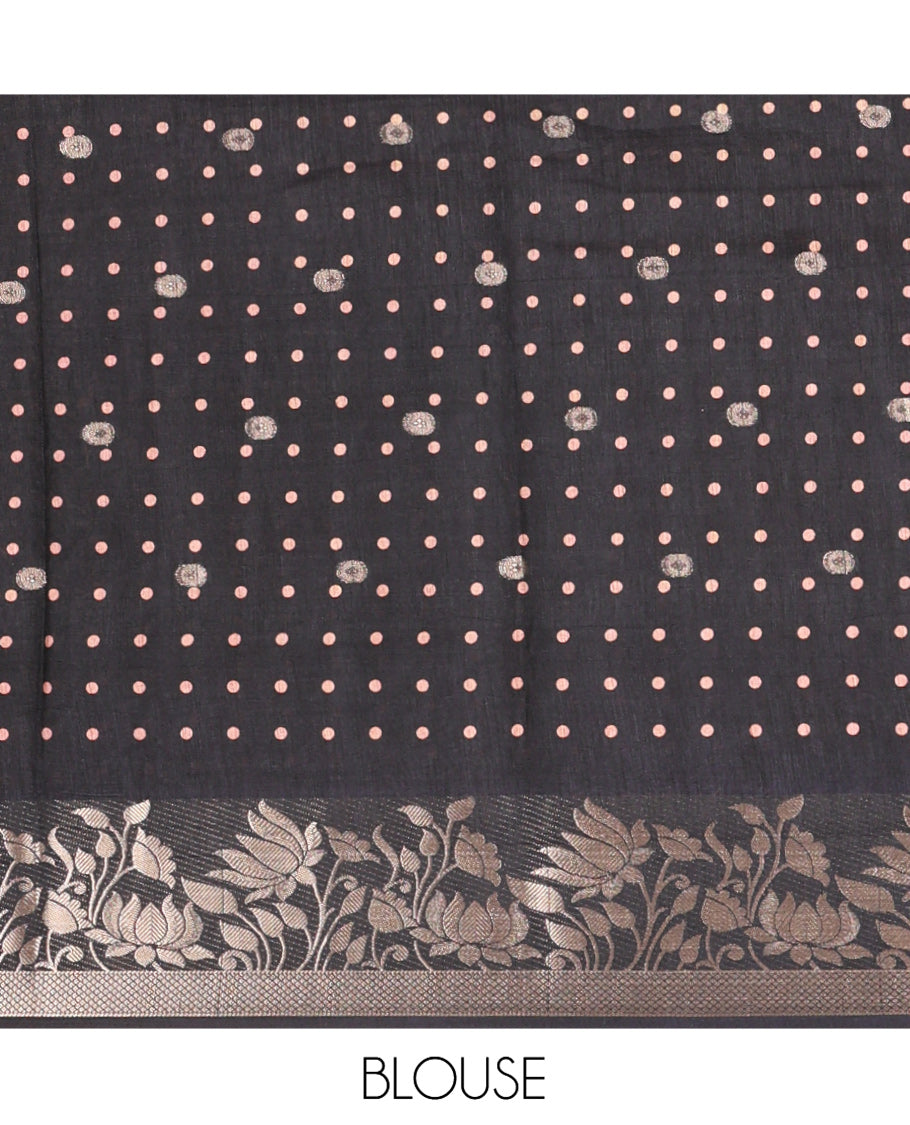 Black Semi-Tussar Saree, Beautified with Round Buttas and Deer Buttas All Over Its Body, Highlighted by a Zari Border of Pichwai Lotus Design, Pallu of Lotus and Deer Motifs, and Paired with a Matching Blouse