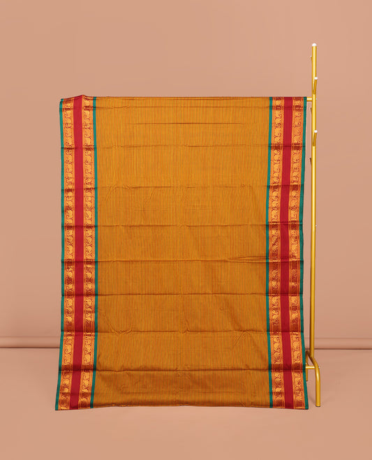 Orange Striped Narayanpet Cotton Saree, Complemented by a Contrast Traditional Design Rettai Pettu Border, Striped Pallu, and Comes Without a Blouse