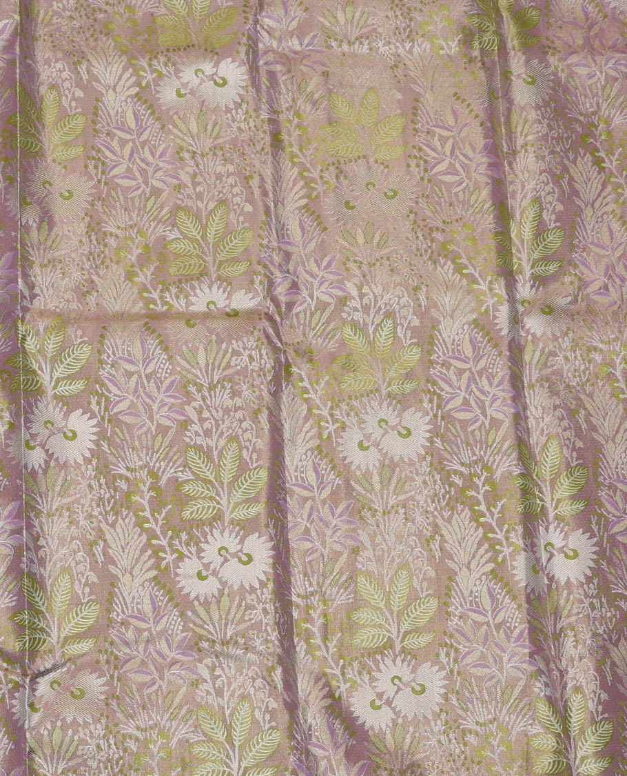 Grey and Green Art Silk Material Half-Saree Set, Woven with Jacquard Design Skirt, Complemented by Captivating Contrast Traditional Zari Designs Woven Border, Paired with a Contrast Blouse and Comes with a Paisley Designs Woven Dhavani