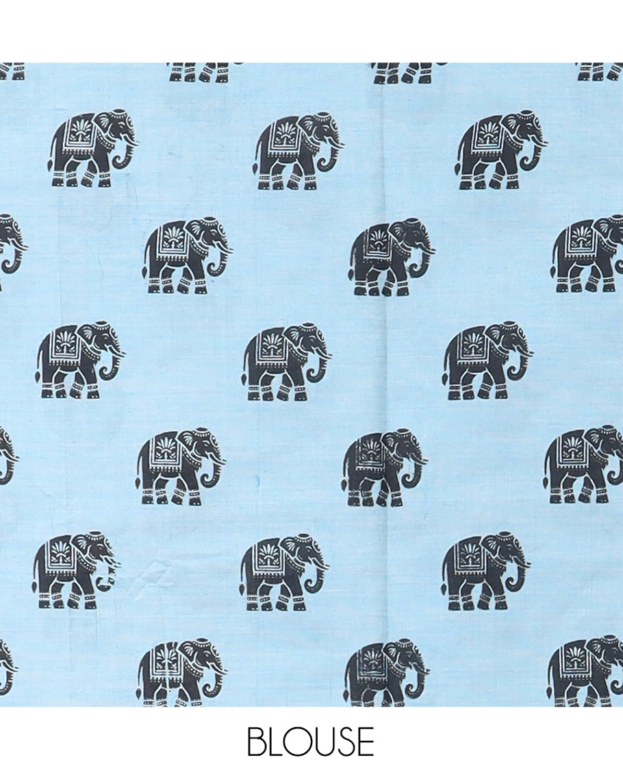 Blue South Cotton Saree Features Leaf and Elephant Motifs Print, a Subtle Printed Border, and a Matching Blouse