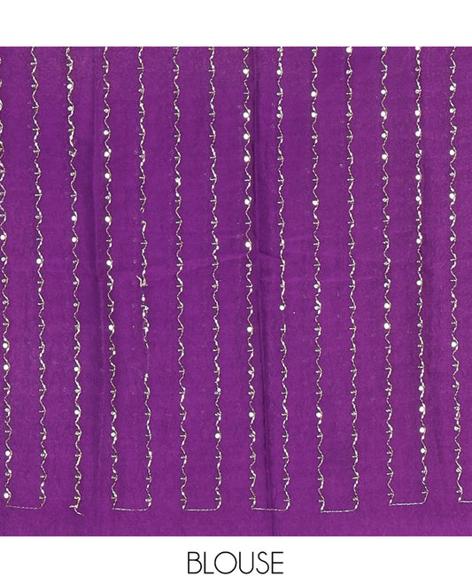 Borderless White-Violet Rangoli Chiffon Saree, Gleamed Up with Foil-Printed Leheriya Stripes, a Contrast Sequins Blouse