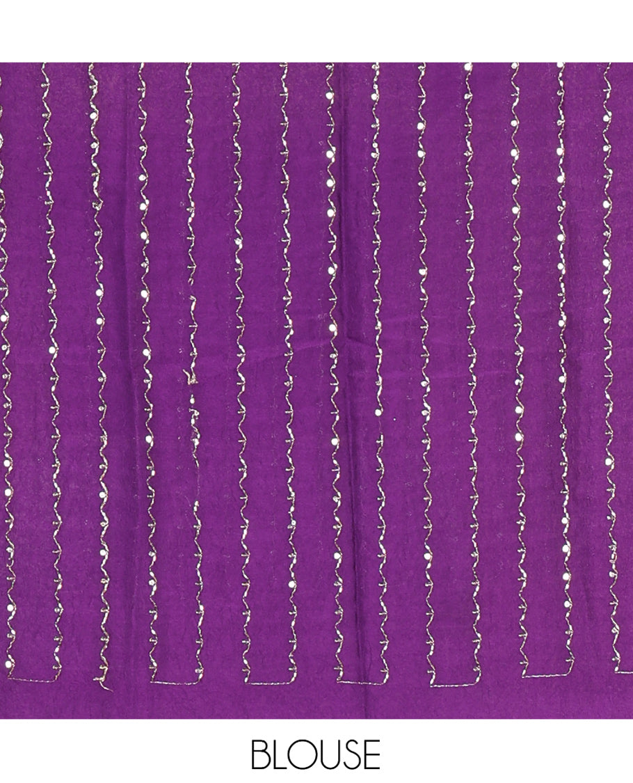 Borderless White-Violet Rangoli Chiffon Saree, Gleamed Up with Foil-Printed Leheriya Stripes, a Contrast Sequins Blouse