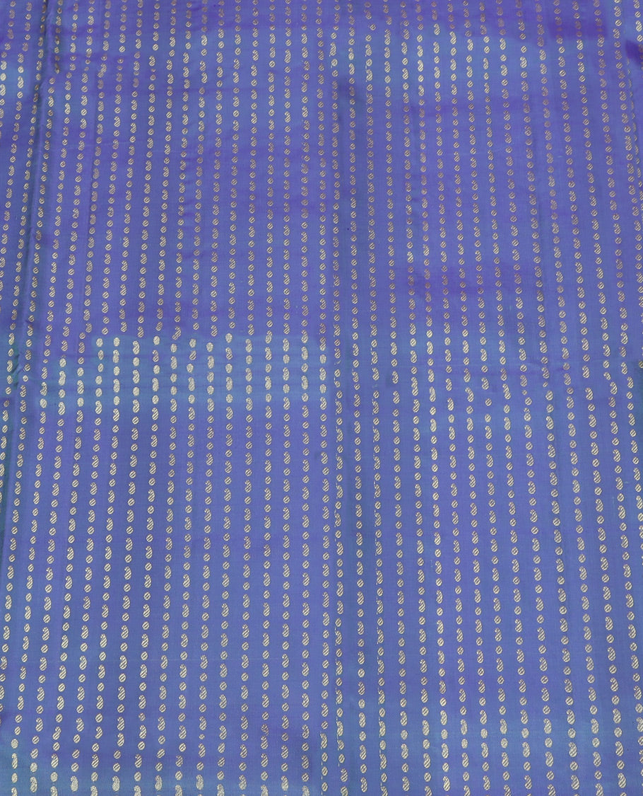 Blue Pure Silk Half-Saree, Detailed with Zari Buttas All Over Its Skirt, Complemented by Contrast Traditional Zari Design Border, Paired with a Contrast Blouse, and Comes with a Jaal Design Dhavani