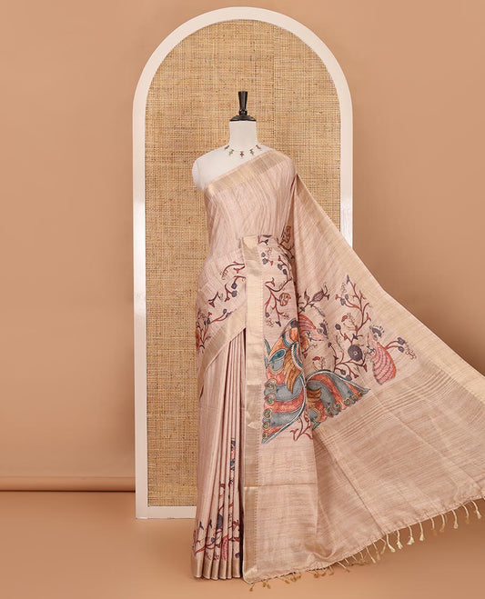 Chikku kalamkari-style floral & peacock printed katan silk saree, traditional zari border, striped pallu & matching blouse