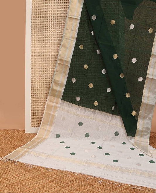 Bottle green round motifs maheshwari cotton saree with contrast zari border & round motifs pallu