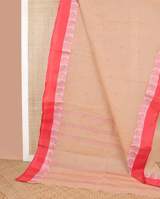 Light brown floral motifs bengal cotton saree with contrast paisley design border & striped, floral motifs pallu