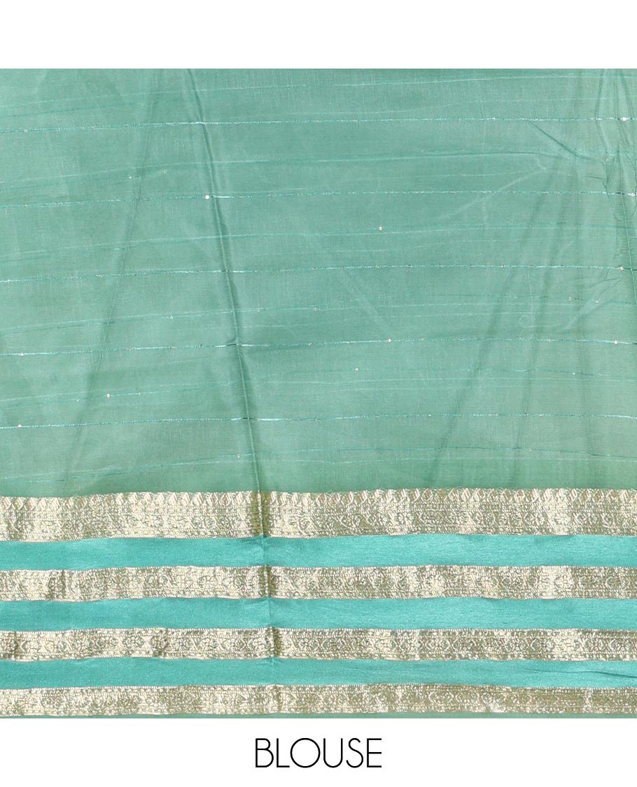Off-White-Green Horizontal Striped Semi-Organza Saree, a Contrast Traditional Zari Border, Striped Pallu, and a Contrast Blouse