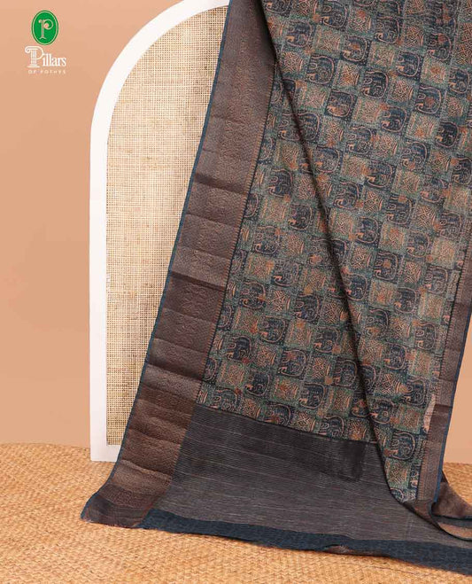 Peacock blue screen print linen saree with zari border & chit pallu along with brocade blouse