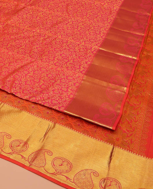 Orange Kanchipuram Wedding Silk Saree, Entralled with Jacquard Design On Its Body, Highlighted by Manga and Mayil Designs, Ogee Patterned Pallu and Paired with a Matching Blouse