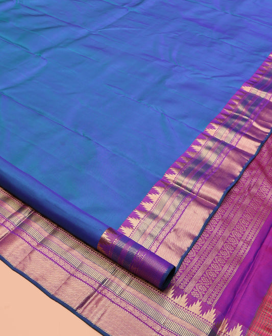 Blue Plain Kanchipuram Silk Saree, Complemented by a Contrast Border of Thazampoo Rekku, Banaras, Muthu, and Kodi Visiry Designs, Mayil Kann Pallu, and a Contrast Blouse