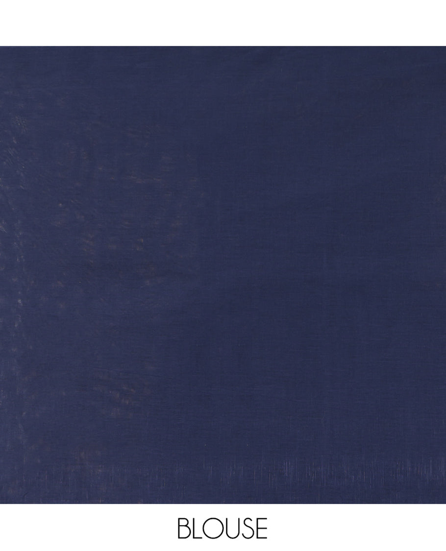 Blue Coimbatore Cotton Saree, Adorned with Scallop Design on Its Body, a Contrast Plain Border, Pallu of Floral Creeper, and Stripes, and Paired with Contrast Blouse