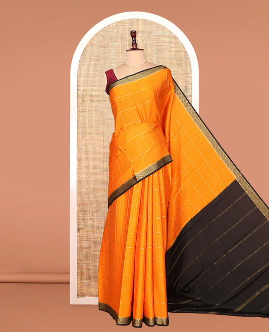 Orange Mysore Silk Saree, Enthralled with Zari Checked Design on Its Body, Complemented by a Contrast Traditional Zari Design Border, Sparsely Woven Pallu of Stripes, and Paired with a Contrast Blouse
